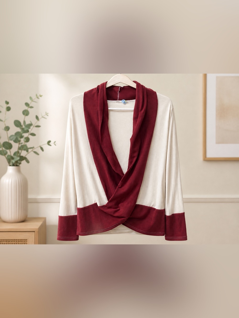 Women's Cream and Burgundy Draped Open Cardigan Sweater